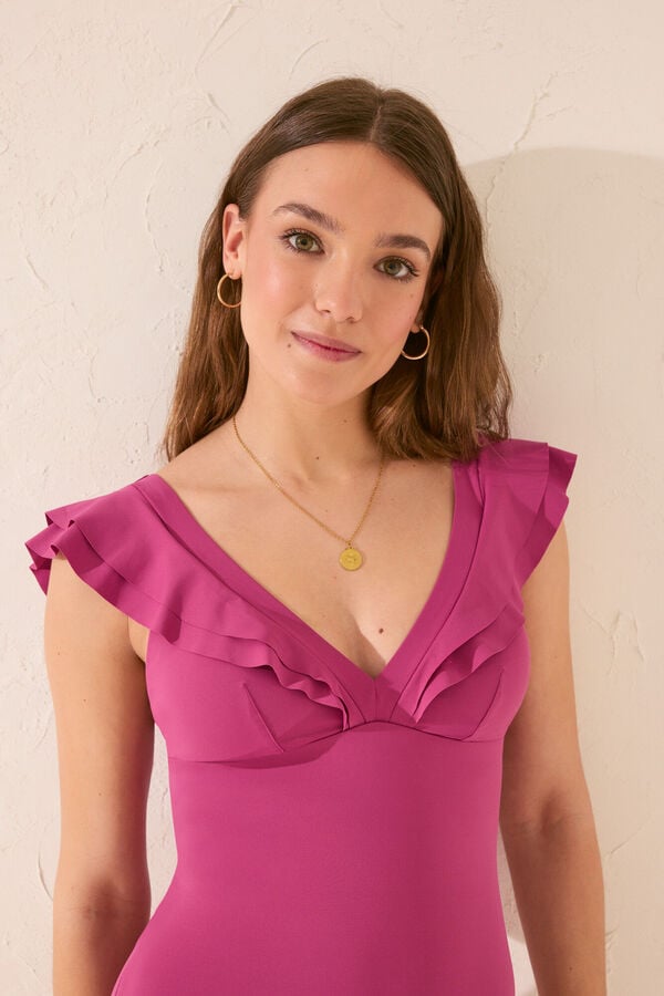 Women'secret Fato de banho modelador com decote em V rosa e babados rosa