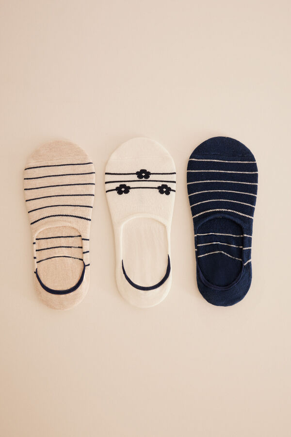 Women'secret Pack 3 pares meias invis&iacute;veis algod&atilde;o azul-marinho estampado