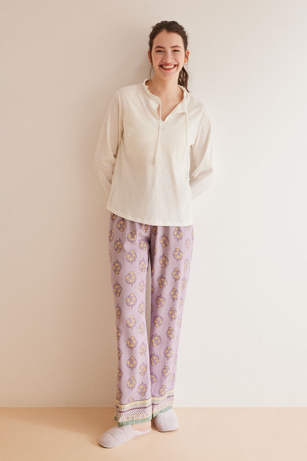 Women'secret T-shirt manga comprida branca decote em bico 100% algod&atilde;o bege