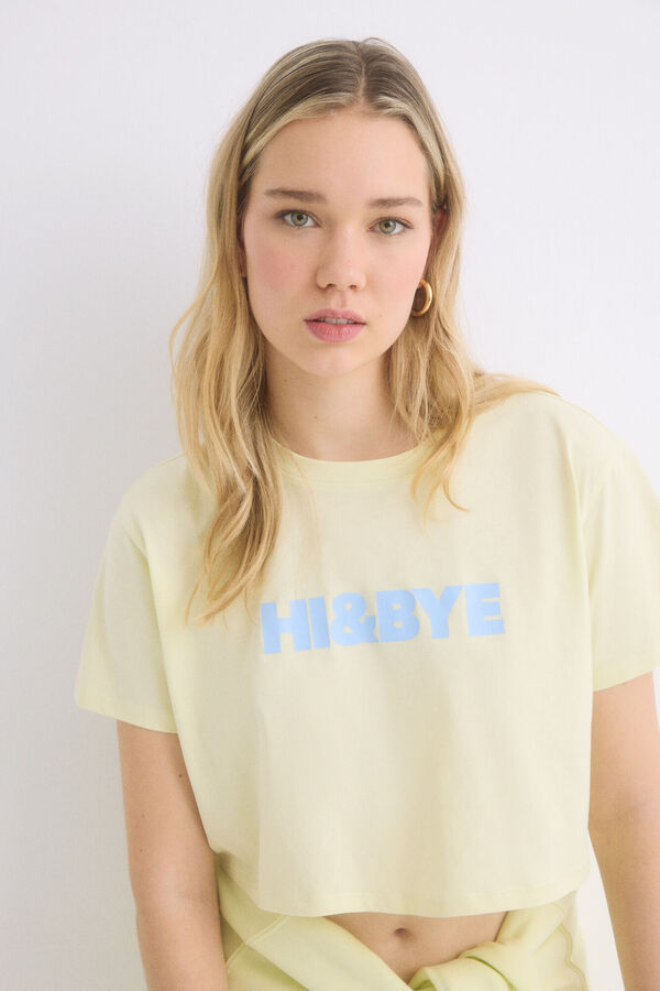 HI&BYE Camiseta 100% algod&atilde;o amarela estampado