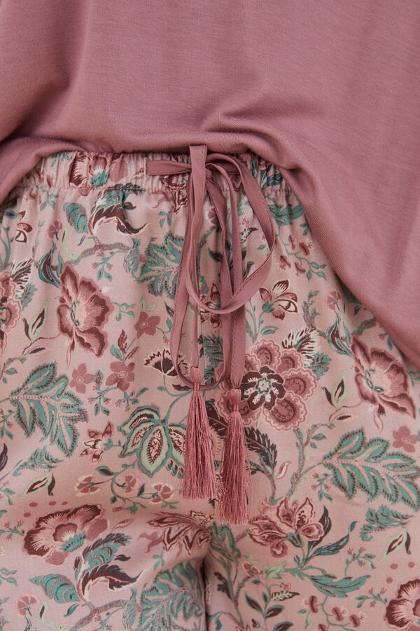 Women'secret Pijama tirantes pantal&oacute;n Capri flores viscosa sat&eacute;n rosa