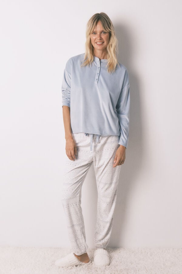 Women'secret Pijama largo polar suave cenefas azul  azul