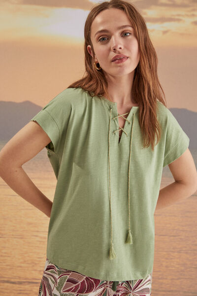 Womensecret Camiseta 100% algodón escote cordón cruzado verde verde
