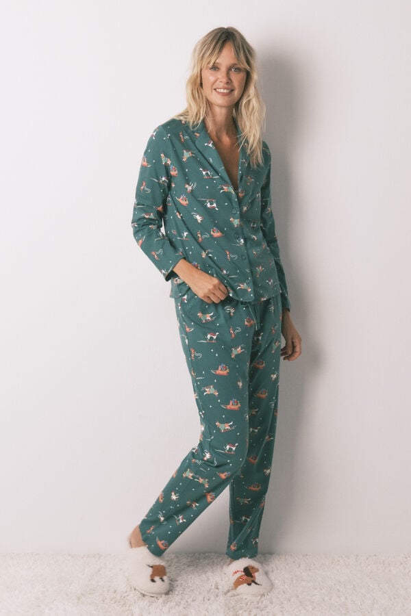 Women'secret Pijama camisero perritos 100% algod&oacute;n verde