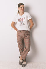 Women'secret Pijama largo 100% algod&oacute;n estampado cuadros Snoopy marfil