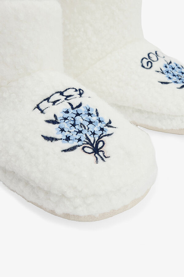 Penti Chinelos de quarto bordados com o slogan Feel Good bege
