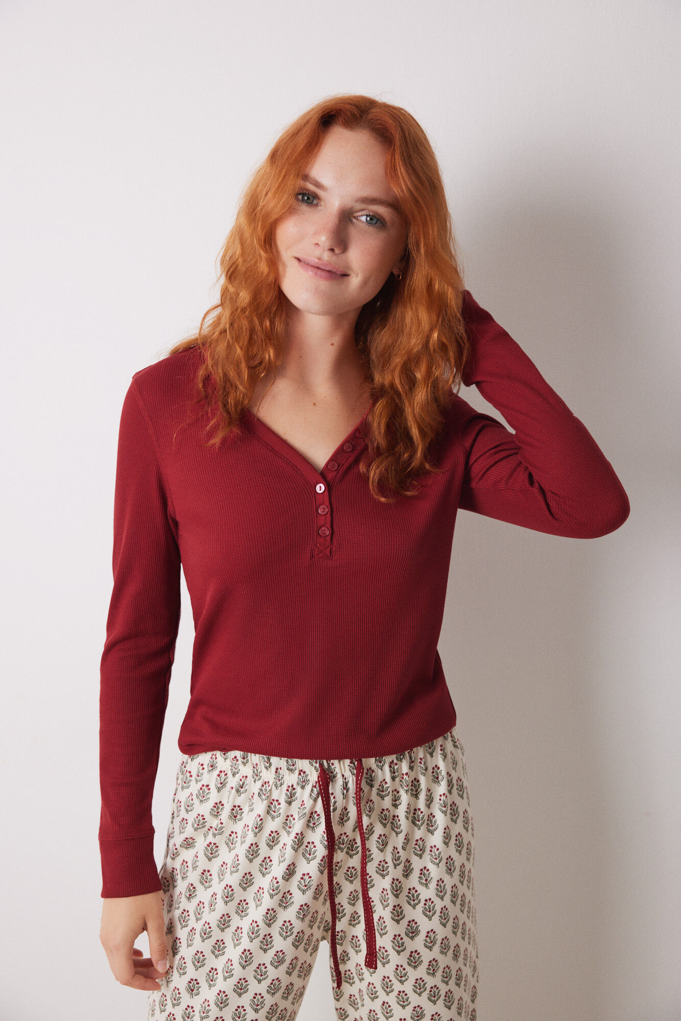 Women'secret Camiseta manga larga tejido waffle rojo
