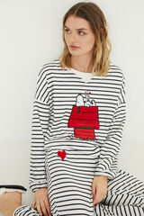 Womensecret Pijama largo terciopelo rayas Snoopy marfil negro