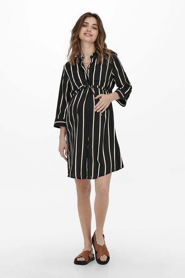 Only Maternity Vestido curto camiseiro &agrave;s riscas maternity preto