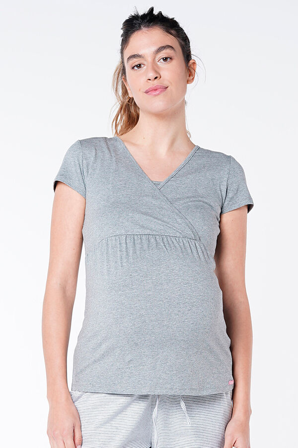 Womensecret T-shirt de pijama maternity amamentação riscas cinzento