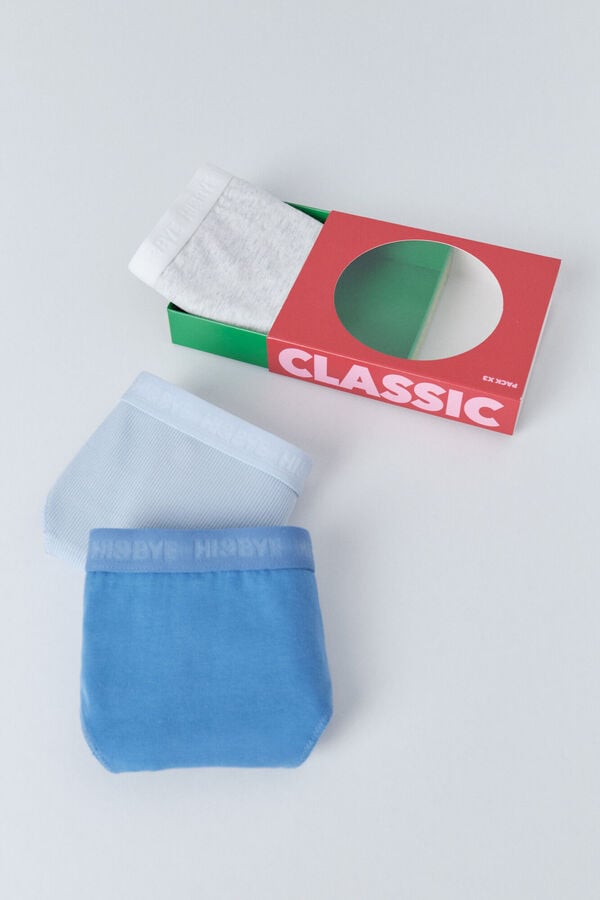 HI&BYE Pacote com 3 cuecas cl&aacute;ssicas em azul, cinza e azul claro azul