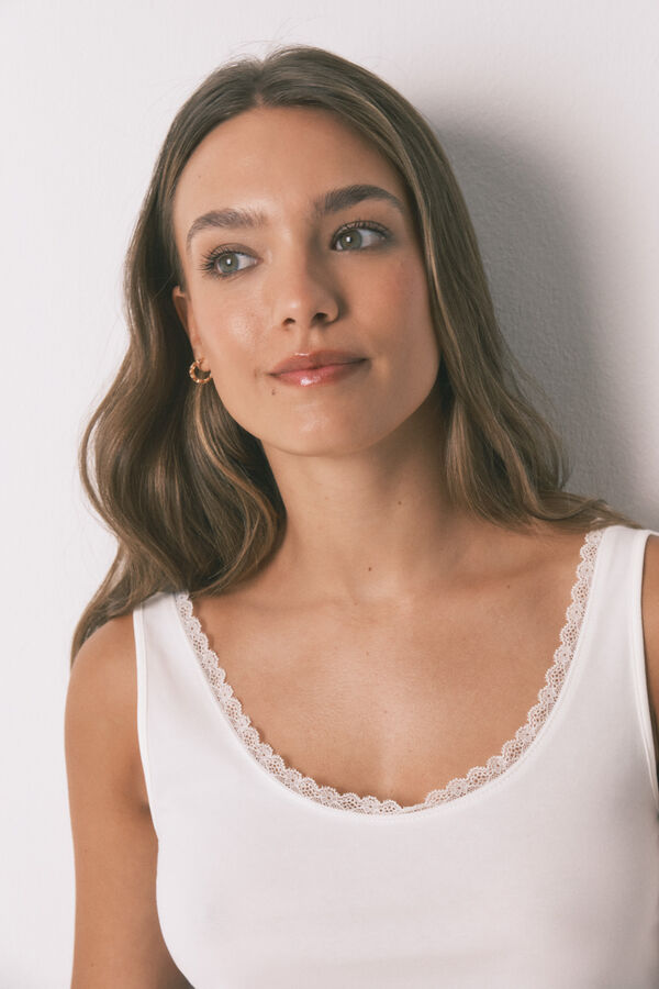 Women'secret Camiseta tirantes algod&oacute;n blonda blanco blanco