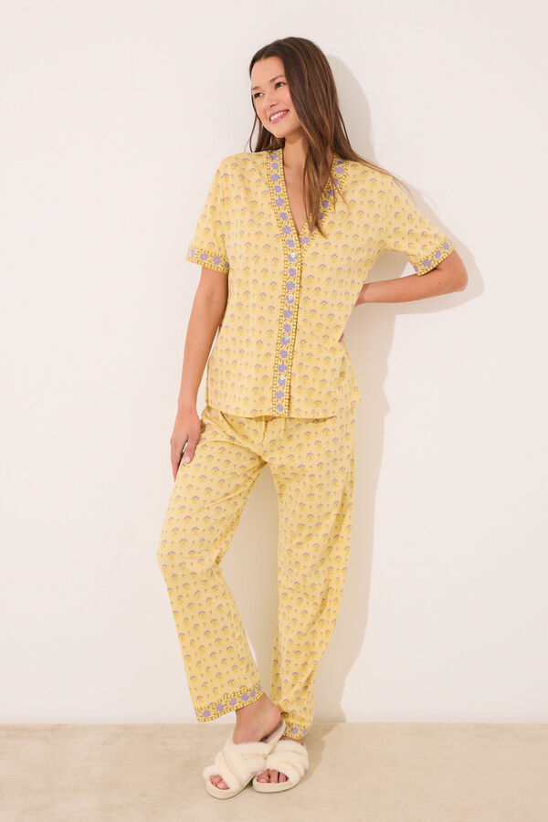 Women'secret Pijama 100% algod&atilde;o amarelo com estampa floral estampado