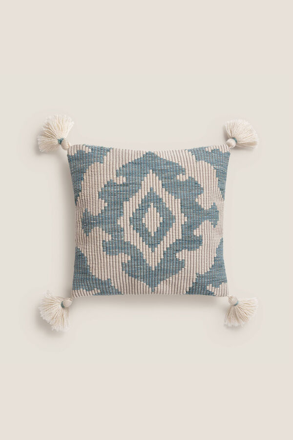Textura Funda coj&iacute;n bordado pompones 45x45cm. azul