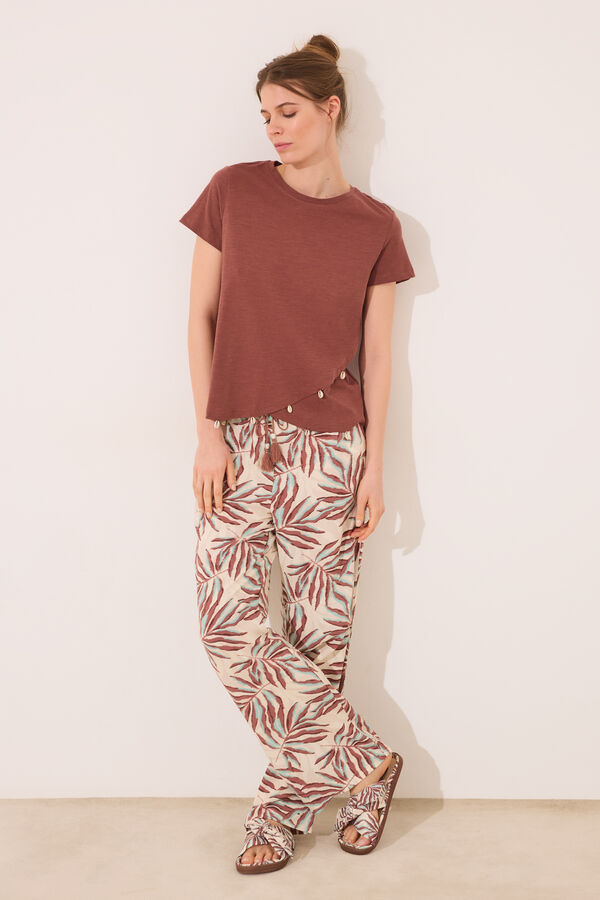 Women'secret Cal&ccedil;a de viscose com estampado de folhas marrons verde