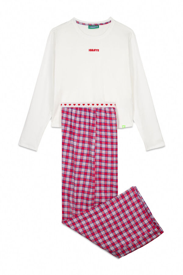 HI&BYE Pijama largo 100% algod&atilde;o xadrez vichy vermelho bege