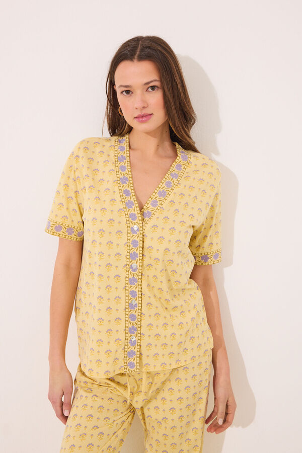 Women'secret Pijama 100% algod&atilde;o amarelo com estampa floral estampado