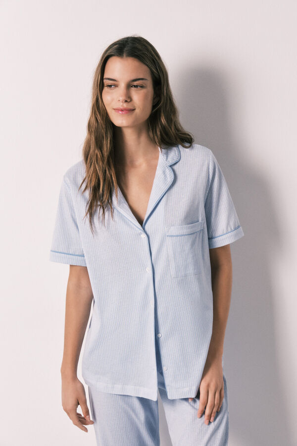 Women'secret Pijama camisero 100% algod&oacute;n rayas azul estampado