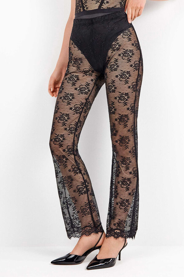 Gisela Pantal&oacute;n largo el&aacute;stico de encaje floral transparente y delicado negro