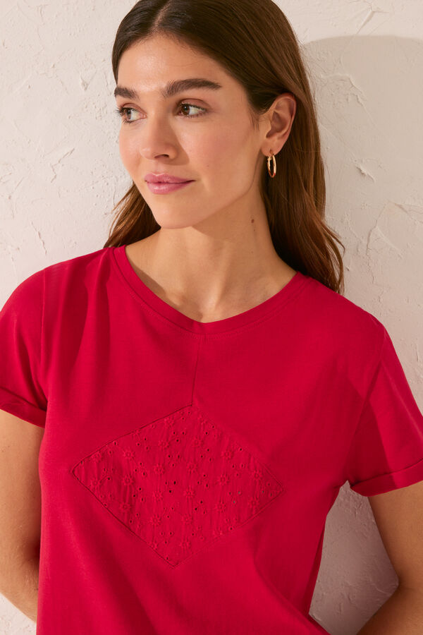 Women'secret Camiseta manga corta 100% algod&oacute;n rojo bordado rojo