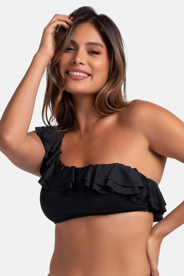 Dorina Top de bikini asim&eacute;trico volantes negro negro