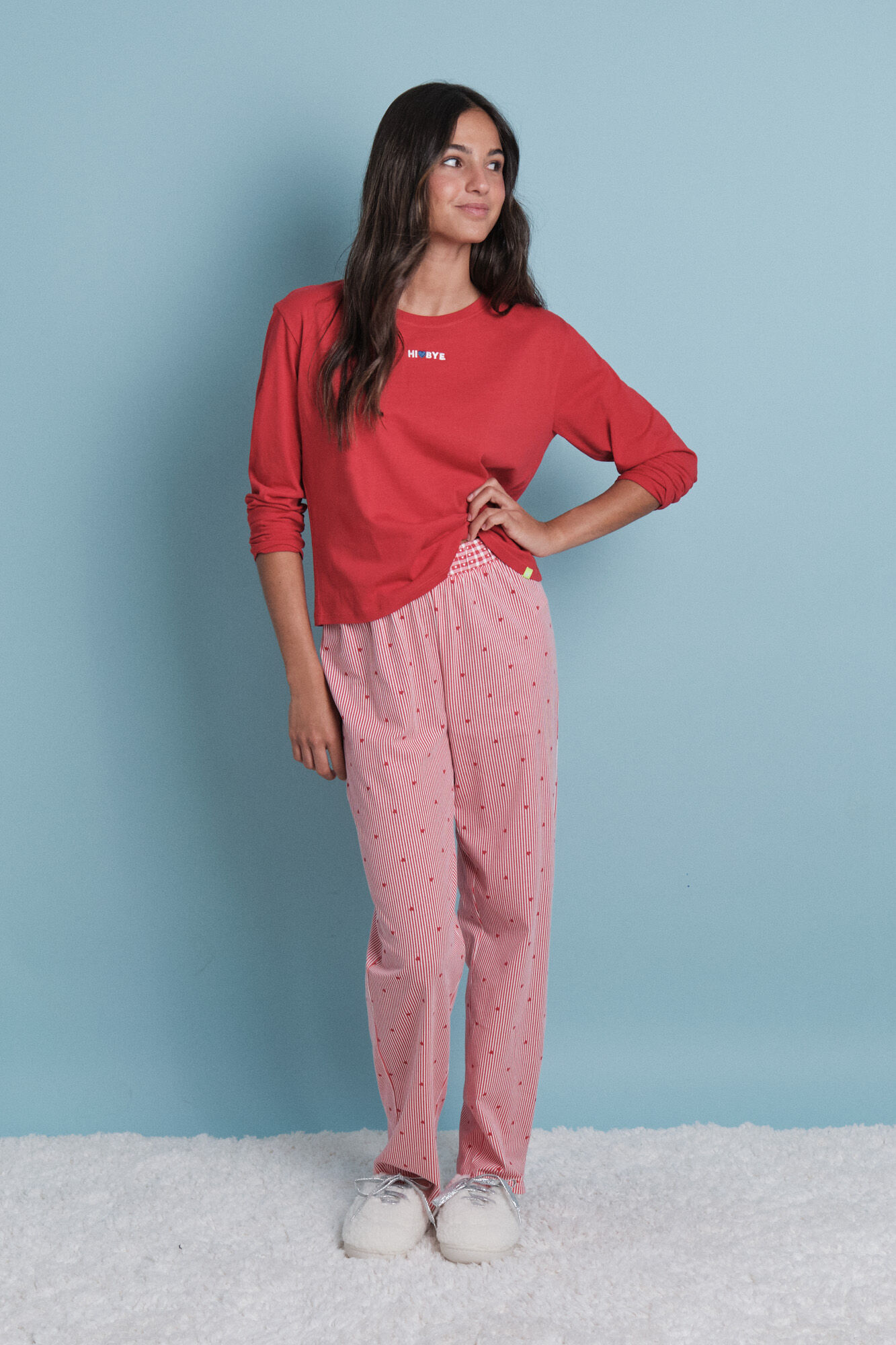 HI&BYE Pijama pijama comprido riscas vermelho 100% algod&atilde;o 
