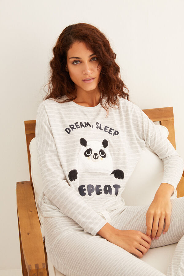Womensecret Pijama comprido polar riscas panda cinzento