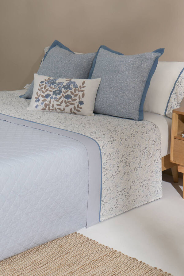 Textura S&aacute;bana hojas algod&oacute;n percal. Cama 80-90cm. azul