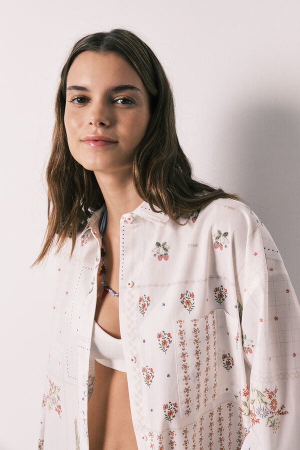 Women'secret Camisa de manga comprida em popelina com estampado floral branco