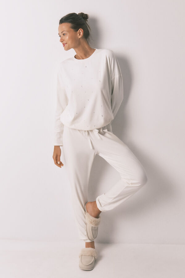 Women'secret Pijama largo terciopelo suave blanco brillo marfil