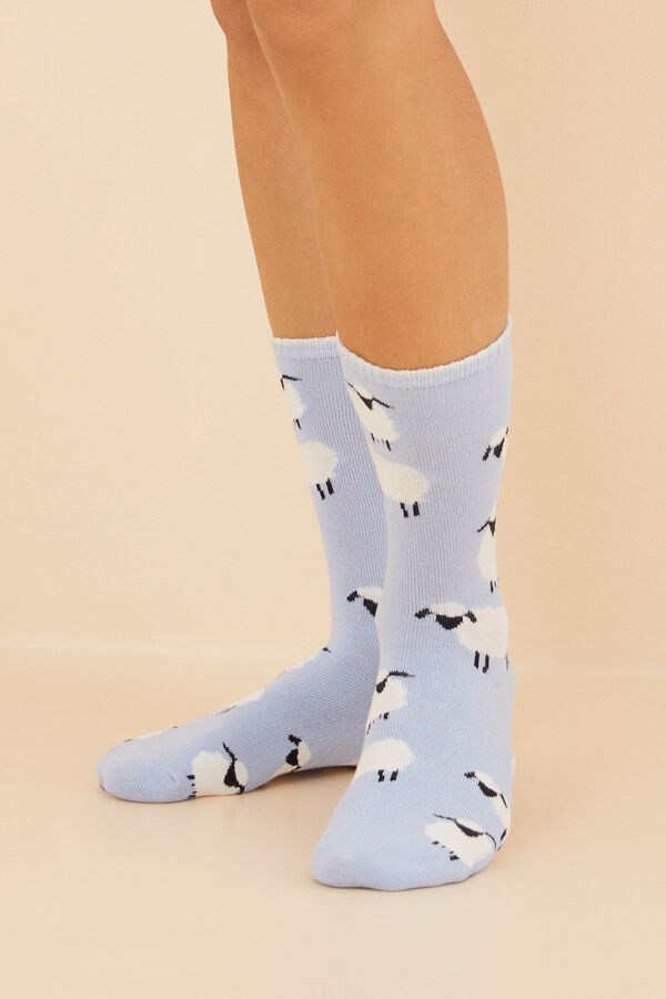 Women'secret Pack de 3 pares de meias m&eacute;dias de algod&atilde;o em azul estampado