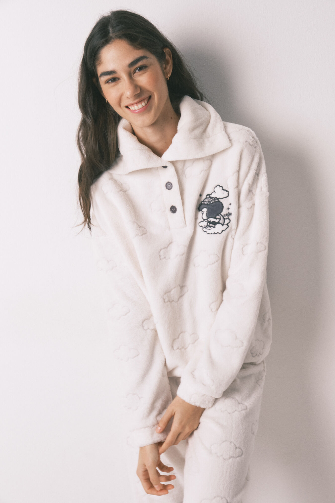 Women'secret Pijama largo polar gris estampado nubes