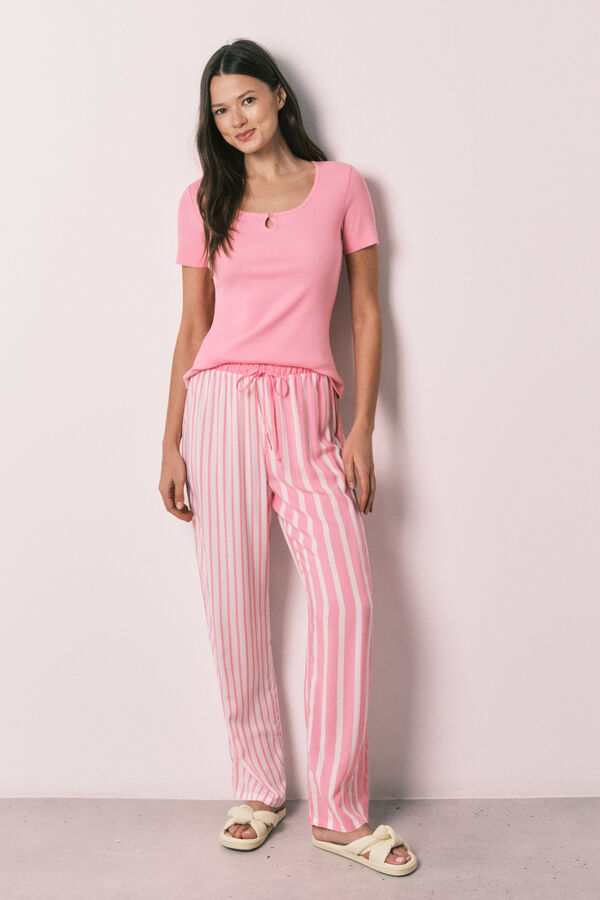 Women'secret Pijama comprido de manga curta em algod&atilde;o e viscose rosa rosa