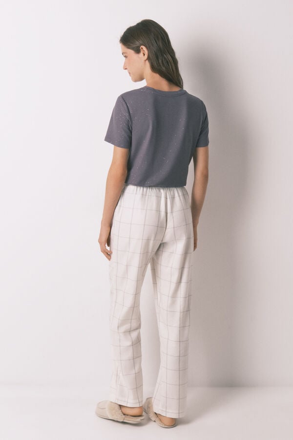 Women'secret Pantal&oacute;n largo franela blanco print cuadros marfil