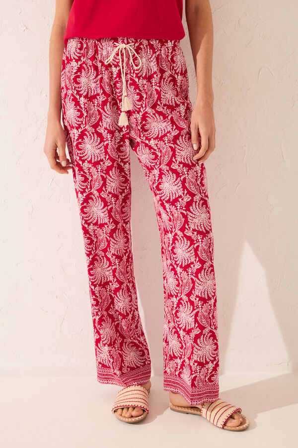 Women'secret Pantal&oacute;n largo viscosa estampado hojas rojo burdeos