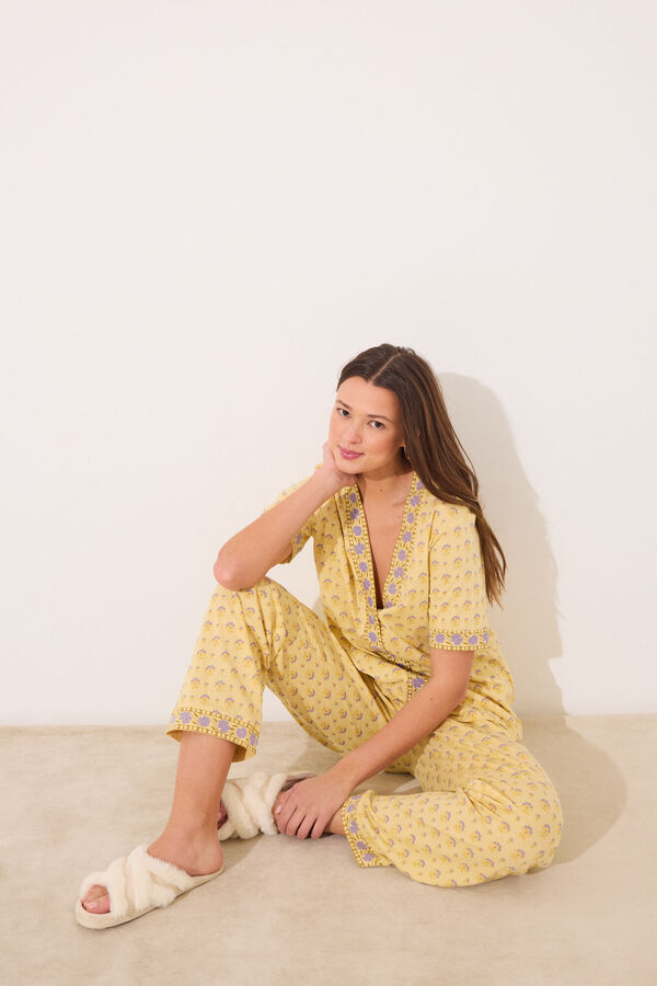 Women'secret Pijama 100% algod&atilde;o amarelo com estampa floral estampado