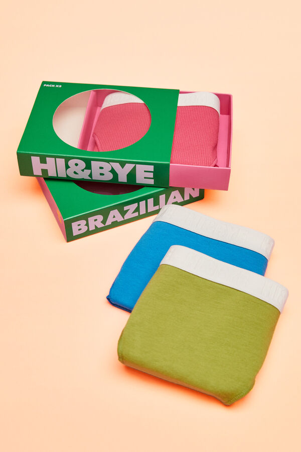 HI&BYE Pack 3 bragas brasile&ntilde;as algod&oacute;n logo verde, fucsia y azul blanco