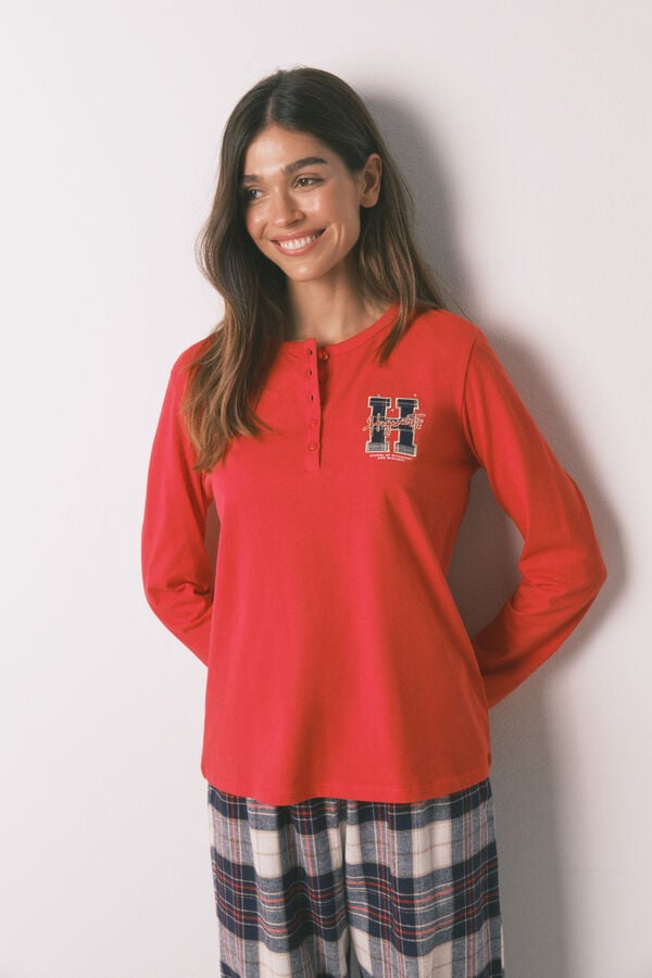 Women'secret Pijama largo 100% algod&oacute;n estampado cuadros "Hogwarts"  rojo