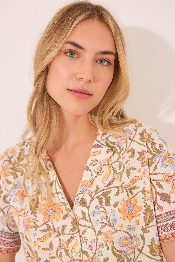 Women'secret Pijama corto camisero algod&oacute;n flores marfil