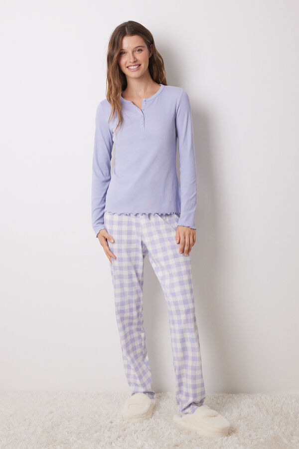 Women'secret Pijama largo algod&oacute;n cuadros morado/lila