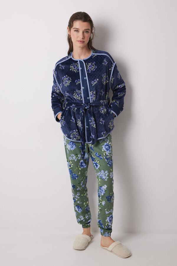 Women'secret Bata corta tejido polar suave flores azul