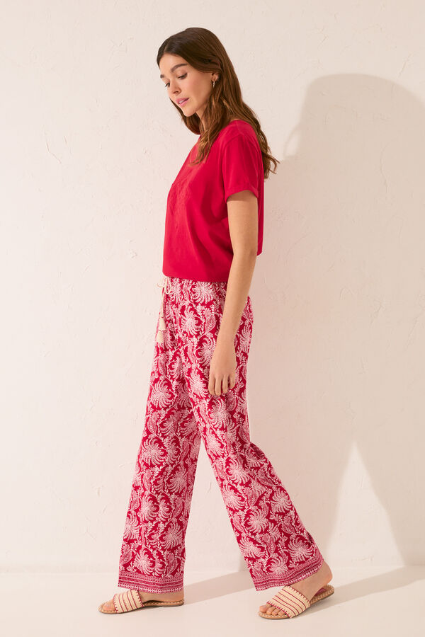 Women'secret Pantal&oacute;n largo viscosa estampado hojas rojo burdeos