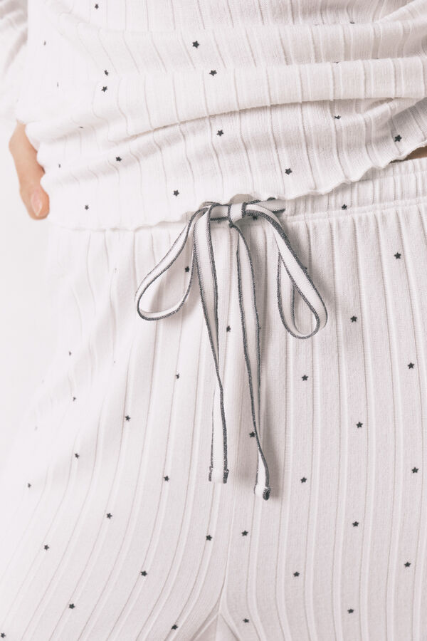Women'secret Pijama comprido canelado estampado de estrelas branco bege