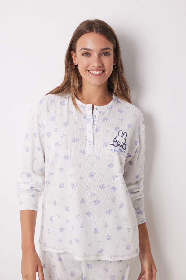 Women'secret Pijama largo waffle flores Miffy blanco
