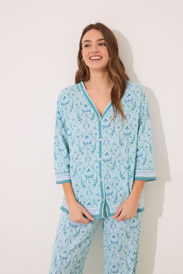 Women'secret Pijama largo 100% algod&oacute;n verde estampado flores verde