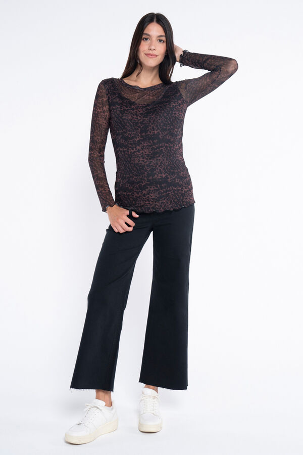 Ohma! Camiseta ce&ntilde;ida de tul estampado marr&oacute;n