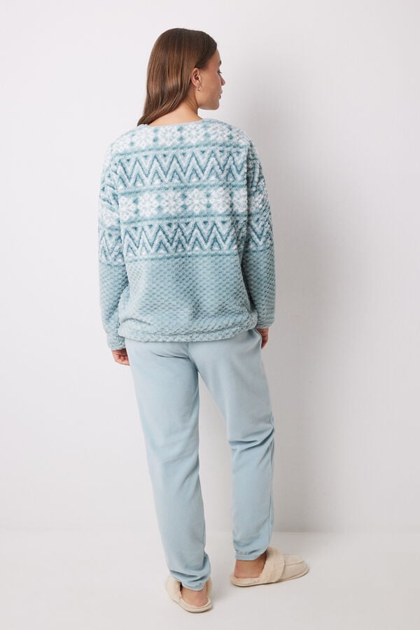 Women'secret Pijama longo de l&atilde; polar com efeito jacquard azul verde