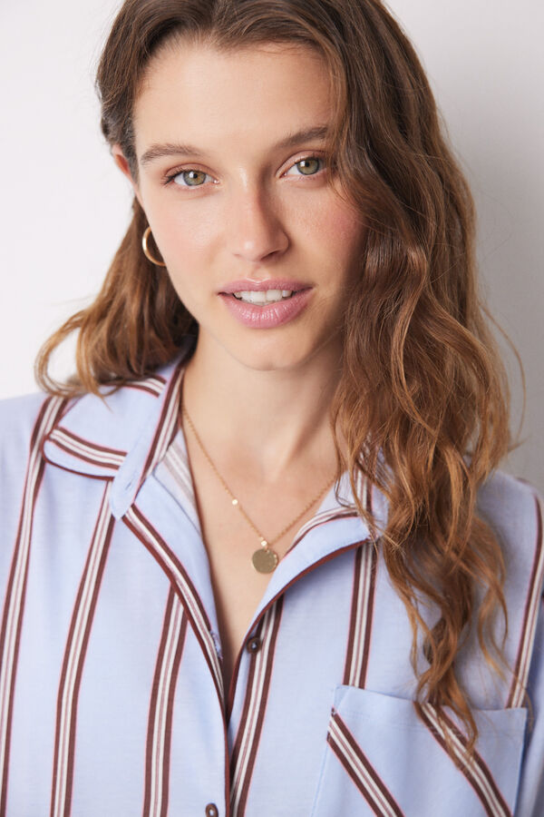 Women'secret Pijama camisa longa 100% algod&atilde;o riscas azul