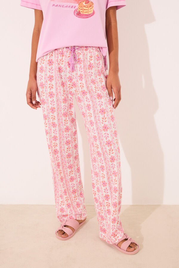 Women'secret Pantal&oacute;n largo 100% algod&oacute;n flores rosa