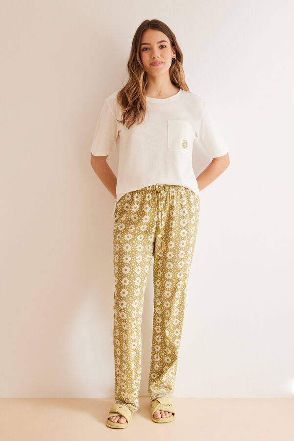 Women'secret Pijama 100% algod&oacute;n pantalones flores marfil